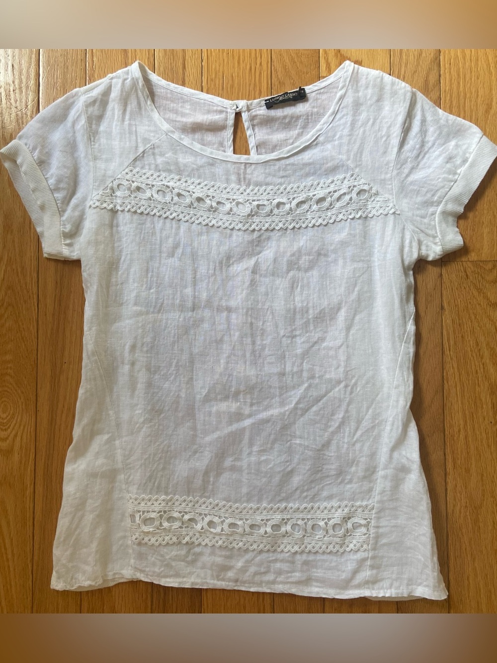 Lungo L'Arno 100% Linen Short Sleeve Shirt Size S White Cottagecore Mix Media